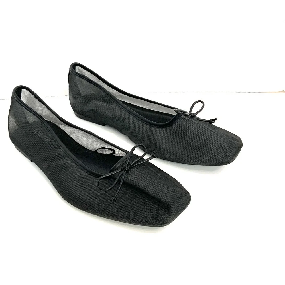 New Torrid Sz 12WW Black Sheer Mesh Square Toe Ballet Flat Bow Whimsigoth Wide